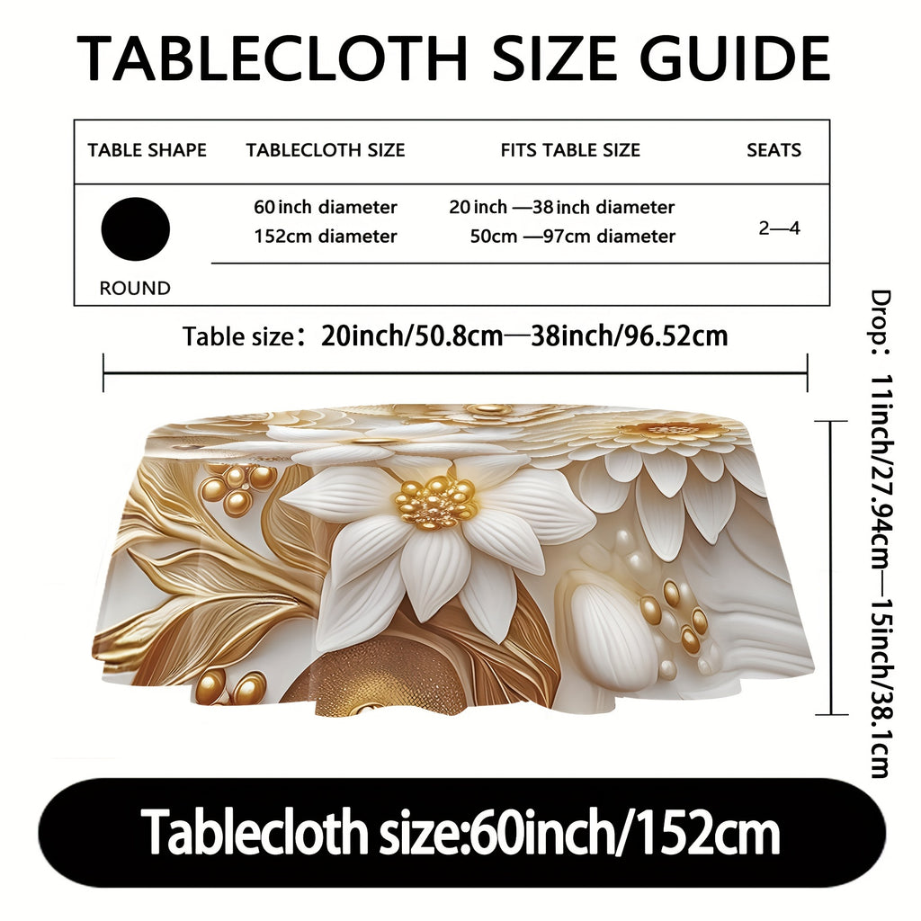 1pc Polyester Round Tablecloth - Floral Digital Print, Stain & Waterproof Pleated Table Cover for Party, Home, Banquet & Patio Use - Machine Woven, No Fade, Easy Care