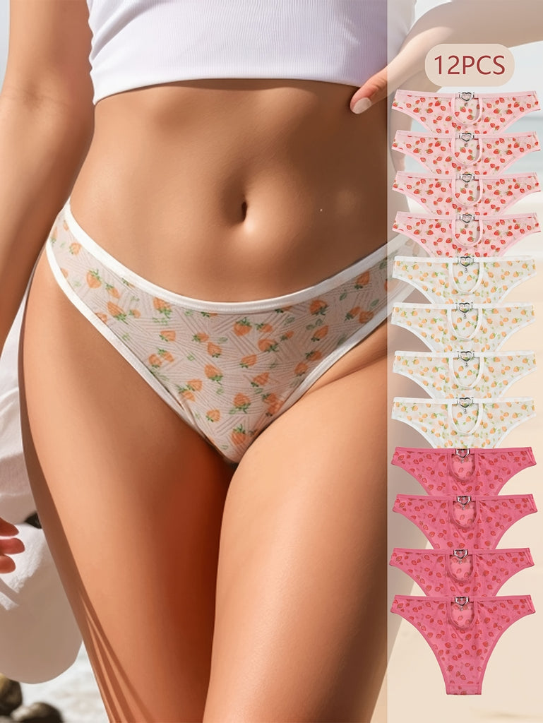 [12 Pcs] Women's New Briefs Cute Cartoon Printing Semi-transparent Hollow Metal Buckle Summer