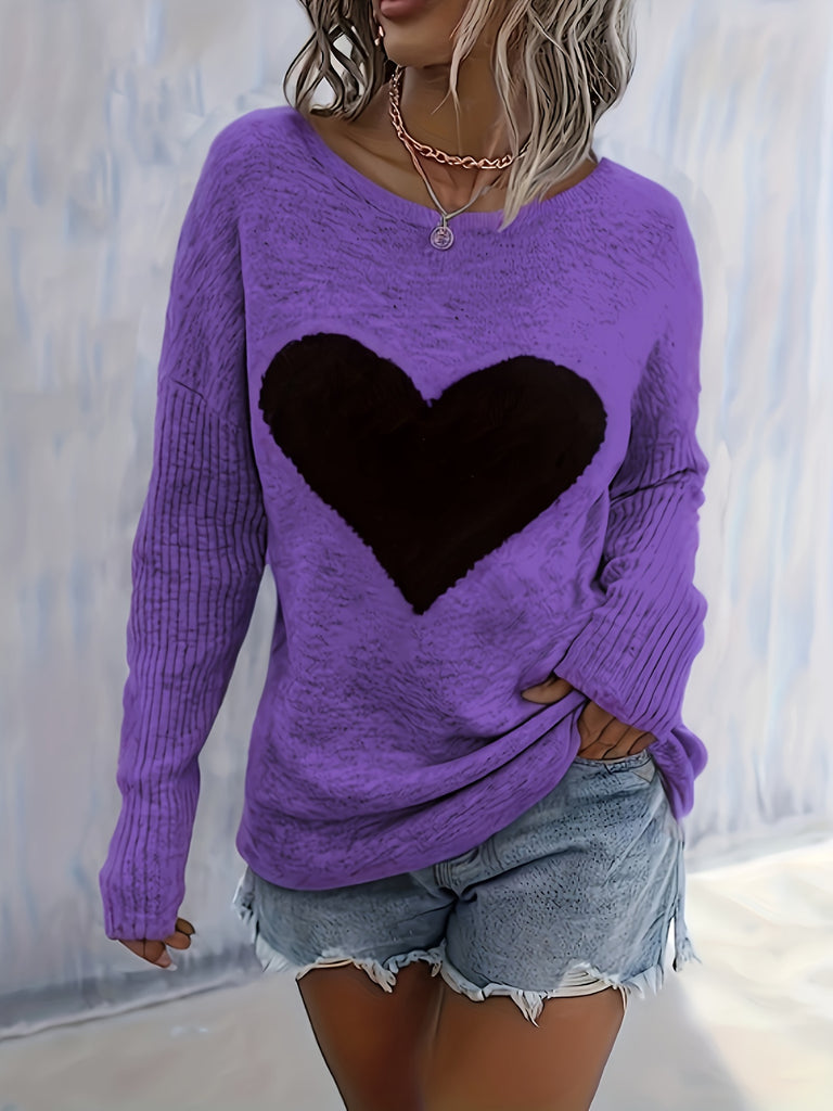 Elegant Women's Heart Pattern Long Sleeve Sweater - Soft Polyester, Round Neck, Perfect for All Seasons