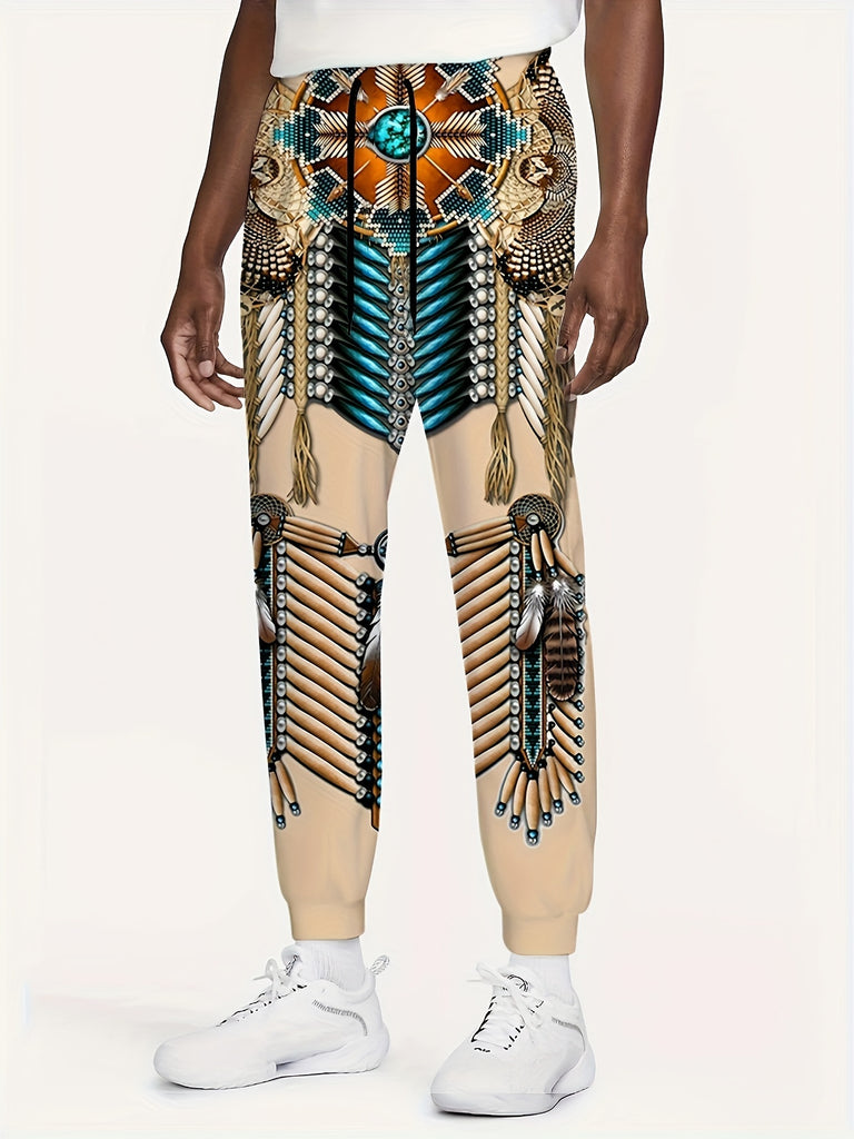 Men's Ethnic Pattern Jogger Pants With Drawstrings, Casual Stylish Daily Sports Trousers As Gift