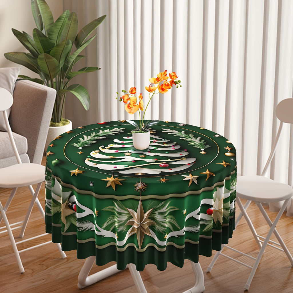 Christmas Cheer Round Tablecloth - 63" Festive Cedar & Star Design, Waterproof Polyester, Perfect for Holiday Dining, Parties, BBQs & Picnics