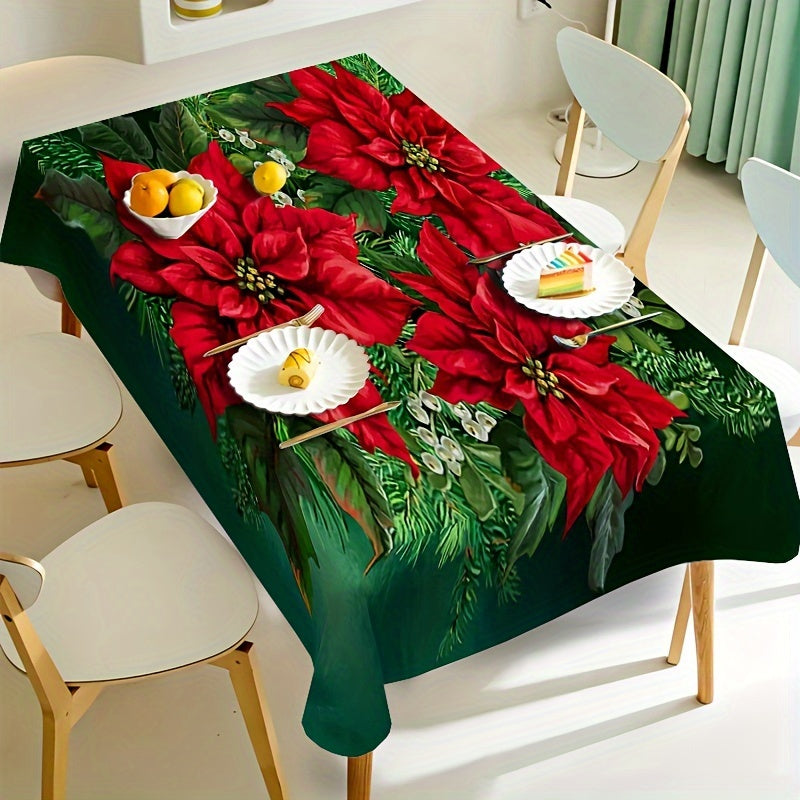 Festive Poinsettia Print Polyester Tablecloth - Square Christmas Table Cover, Stain & Wrinkle Resistant, for Indoor and Outdoor Dining Decoration