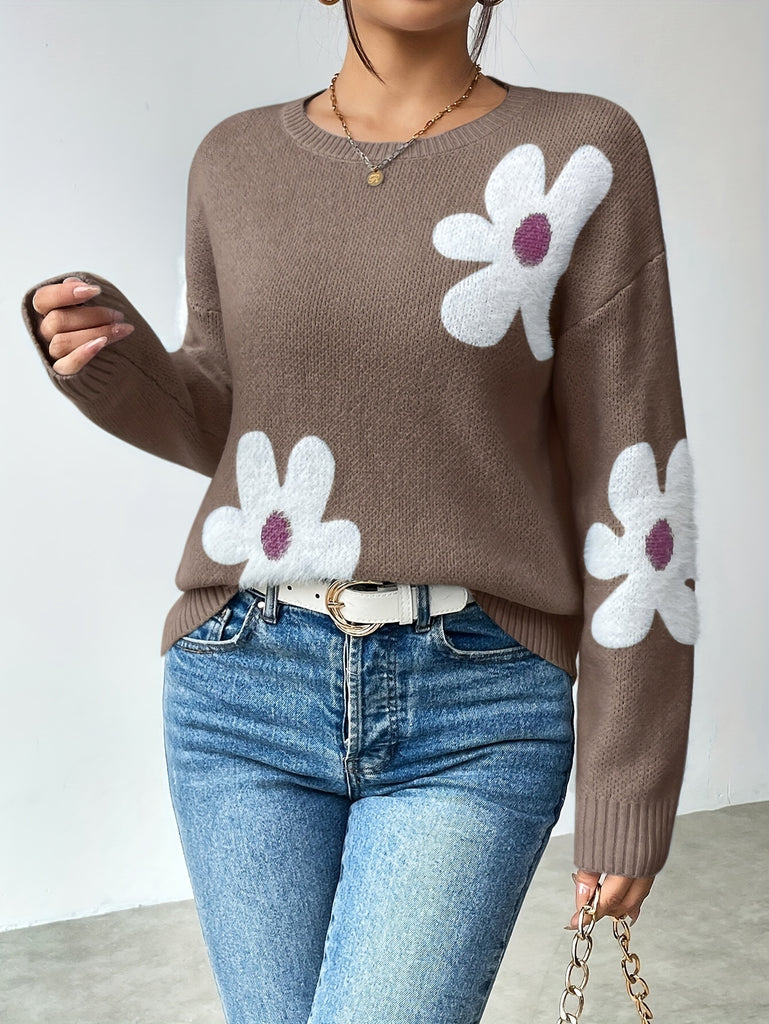 Floral Drop Shoulder Sweater for Women, Long Sleeve Crew Neck Pullover for Winter & Fall