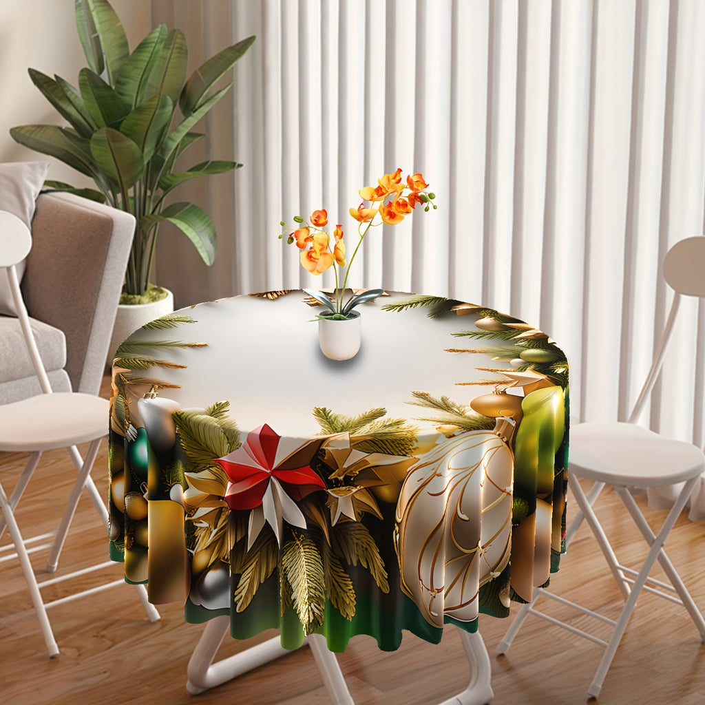 Golden Star & Green Leaf Christmas Tablecloth - Waterproof, Colorful Round Polyester Cover for Dining & Outdoor Use, Perfect for Parties, BBQs, Picnics - 63 Inch