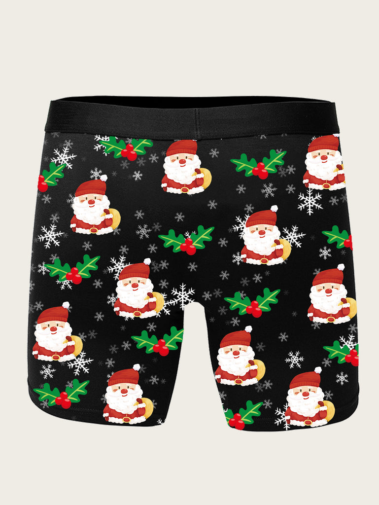 1pc Festive Christmas Cartoon Santa Print Men'S Boxer Briefs, Stretch Knit Polyester with Spandex Lining, Comfortable Breathable Holiday Underwear, No Waistband - Multiple Sizes Available