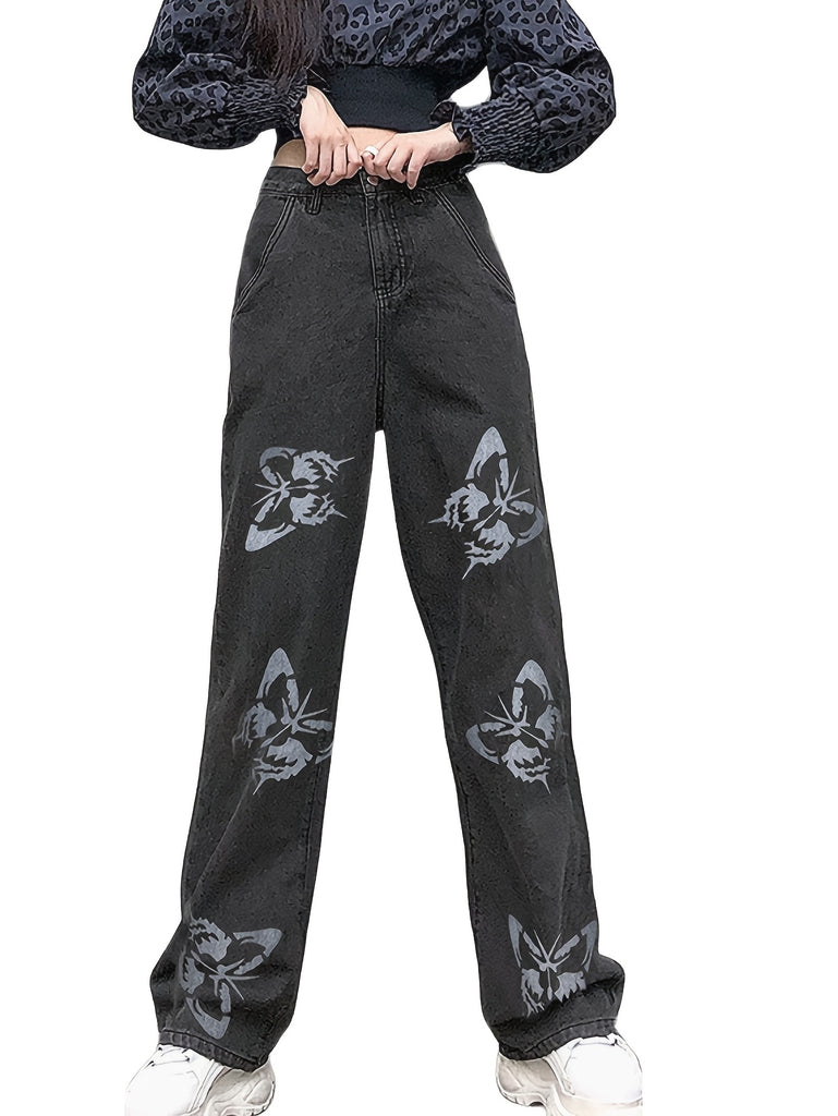 Bopoft Women'S Casual Versatile Jeans Street Fashion Retro Butterfly Print Pants European And American Style High Waist Wide Leg Pants Skinny Straight Leg Pants Draped Floor Mopping Cargo Sweatpants