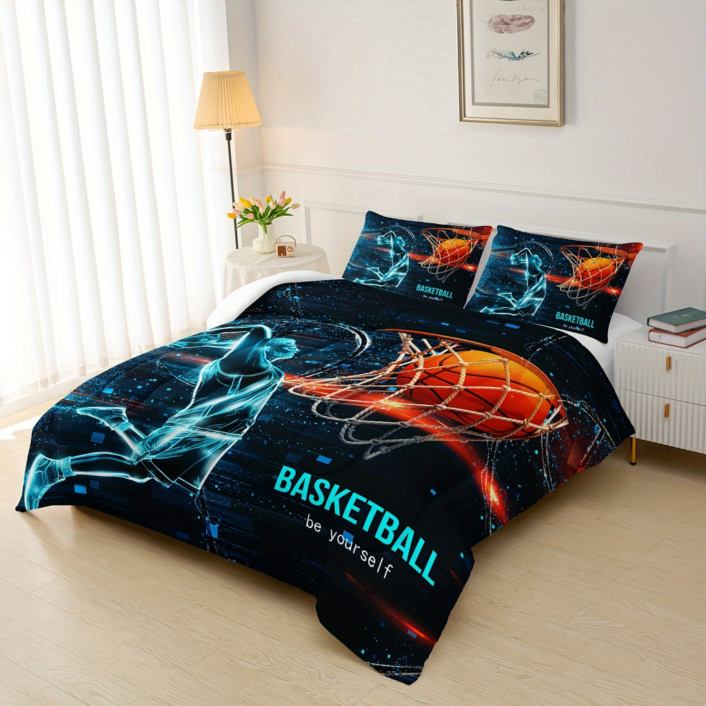 Sports Comforter Sets - Basketball Comforter Set With Blue And Black Bedding, All Season Bedroom Duvet - 1 Comforter With 2 Pillowcases