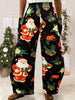 Santa Claus Print Wide Leg Pants, Casual High Waist Dual Pockets Pants For Spring & Summer, Women's Clothing