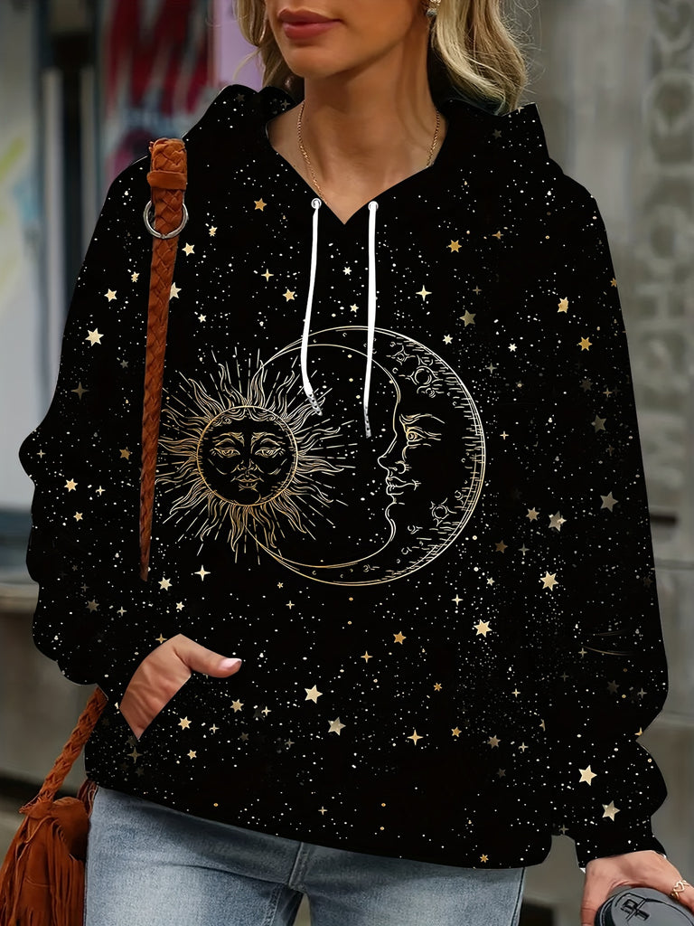 Sun & Moon Print Drawstring Hoodie, Casual Long Sleeve Kangaroo Pocket Sweatshirt For Fall & Winter, Women's Clothing