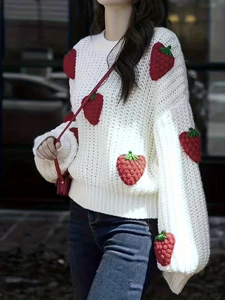 Strawberry Pattern Crew Neck Pullover Sweater, Cute Long Sleeve Drop Shoulder Sweater, Women's Clothing