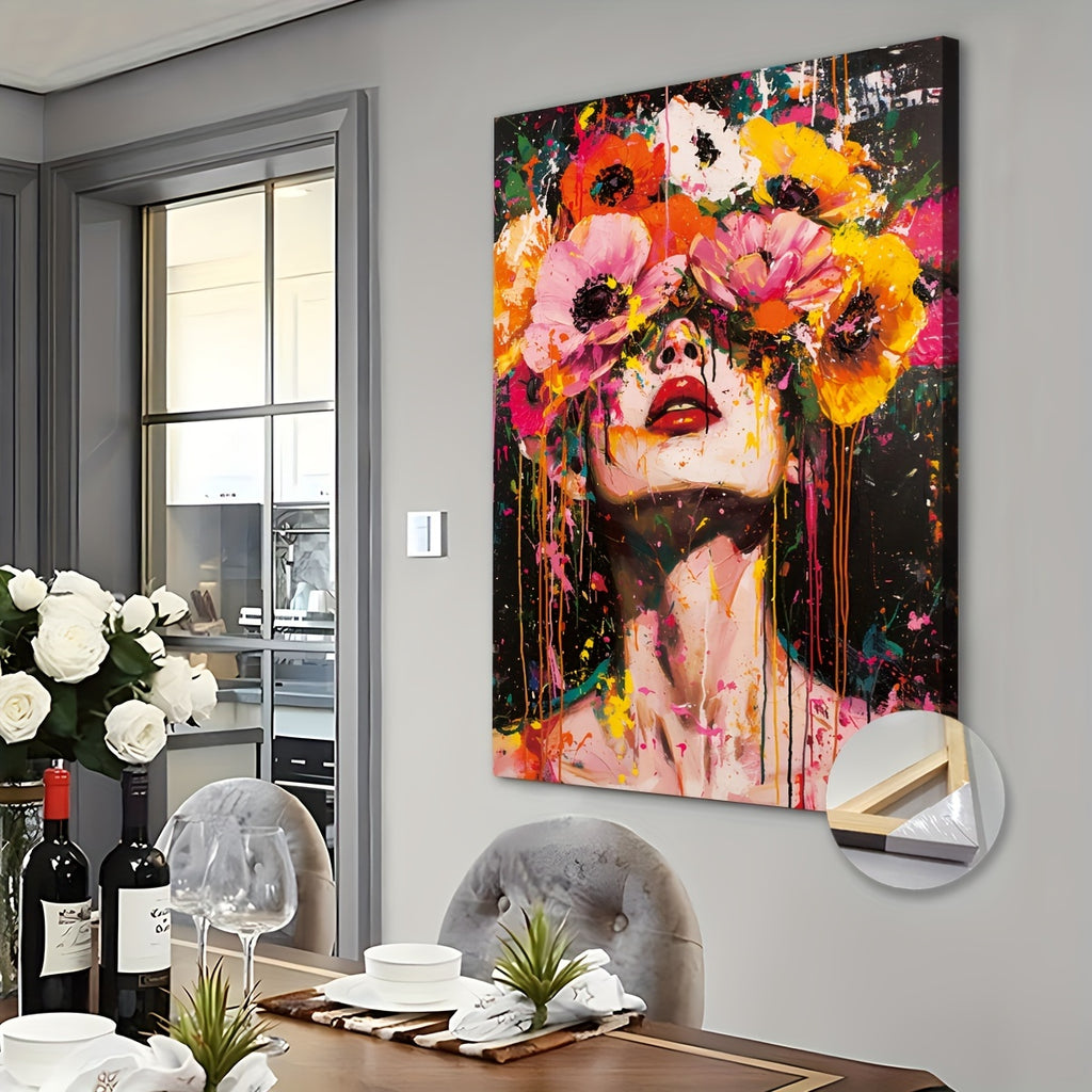 Extra Large Abstract Woman with Flowers Canvas Wall Art - Modern Wooden Framed Decor for Living Room, Bedroom, Home Office - Ready to Hang, Lady Wall Decor