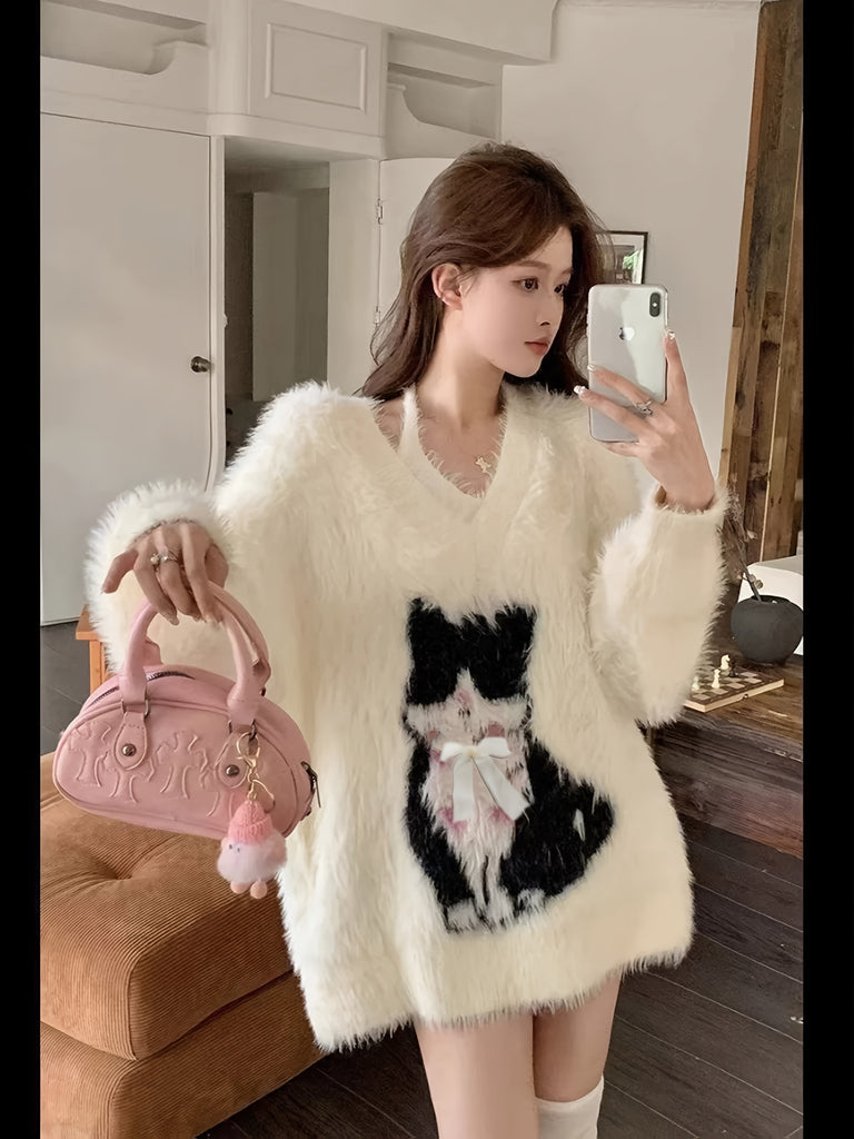 Cute Animal Graphic V-Neck Sweater for Women, Acrylic Blend Knit Fabric with Eyelet Embroidery, Long Sleeve Off-Shoulder Pullover with Bow Detail