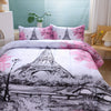 3pcs Romantic Paris Comforter Set (1*Comforter + 2* Pillowcase) France Eiffel Tower Bedding Set, Soft Comfortable Cherry Blossom Landscape Quilt For All Seasons