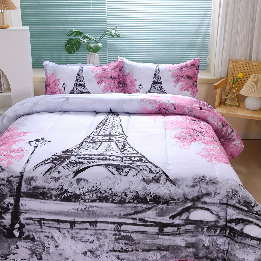 3pcs Romantic Paris Comforter Set (1*Comforter + 2* Pillowcase) France Eiffel Tower Bedding Set, Soft Comfortable Cherry Blossom Landscape Quilt For All Seasons