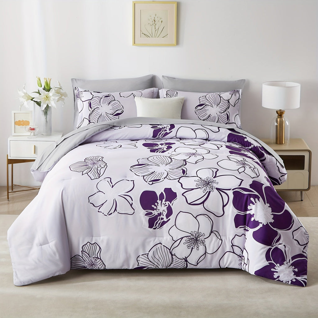 Davulos 7pcs Floral Comforter Set - Hypoallergenic Microfiber Cover, Plush Polyester Fill, Machine Washable, Stain-Resistant, All-Season Bedding, Queen/King Size