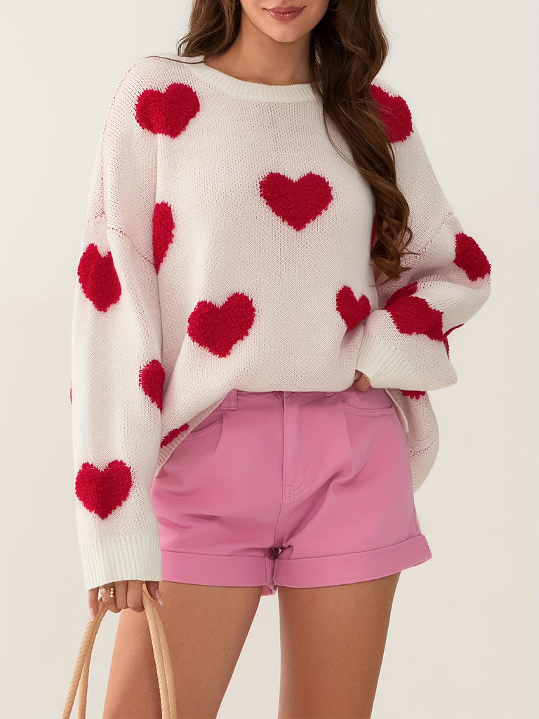 Chic Heart Pattern Sweater for Women - Cozy Acrylic, Long Sleeve, Round Neck Pullover - Perfect for Fall & Winter