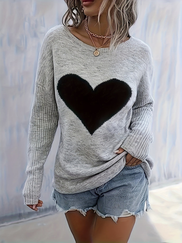 Heart Pattern Drop Shoulder Long Sleeve Sweater for Women, Casual Fall & Winter Cozy Knitwear