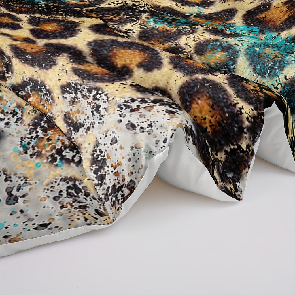 3pcs Highland Rustic Cow Fur Print Comforter Set (1 Comforter + 2 Pillowcase Without Pillow Insert) For All Seasons, Microfiber Western Farmhouse Style Leopard Print Bedding Set For Bedrooms Decoration
