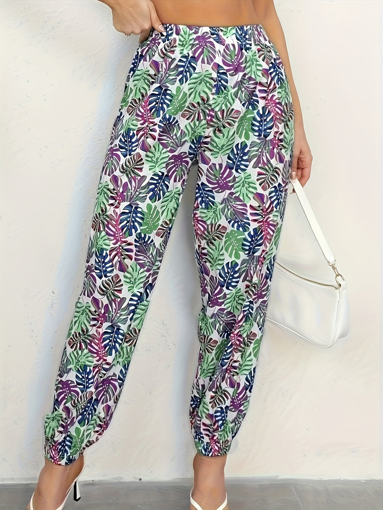 Allover Print Fitted Bottom Pants, Vacation Style Loose Pants For Spring & Summer, Women's Clothing