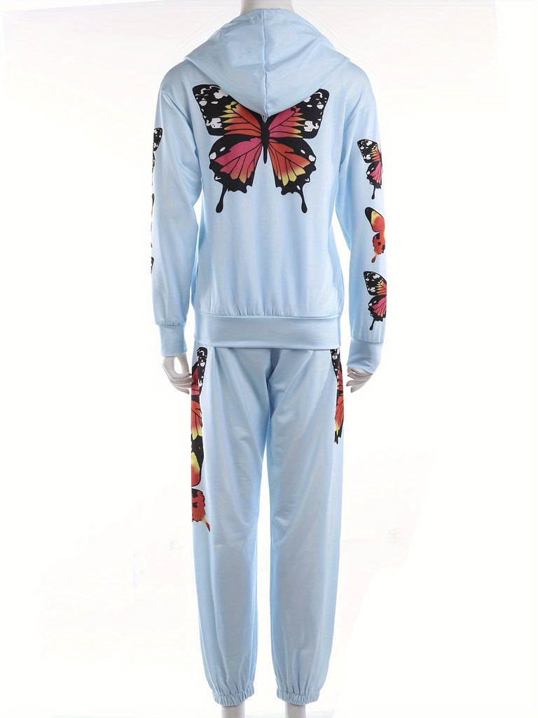 Women'S Polyester Crew Neck Sports Set, Non-Stretch Woven Fabric, Casual Zip-Up Hoodie and Elastic Joggers with Butterfly Print for All Seasons