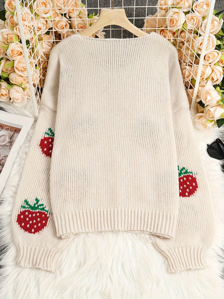 Elegant Polyester Sweater Cardigan with Strawberry Pattern, Round Neck, Long Sleeves, Ribbed Ties, Relaxed Fit for Women - Autumn/Winter Knit Fabric