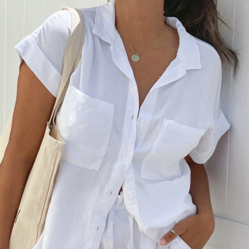 Women's Fashionable Casual Short-sleeved Shirt And Shorts Suit
