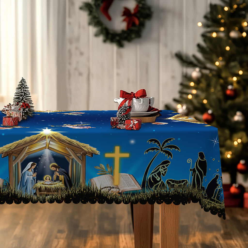 1pc, Christmas-themed tablecloth, Jesus' birth scene tablecloth, Christmas party tablecloth, polyester tablecloth, 4 sizes to choose from, edge embossed, round and rectangular tablecloth, Christmas gift, kitchen accessories, create a festive atmosphere