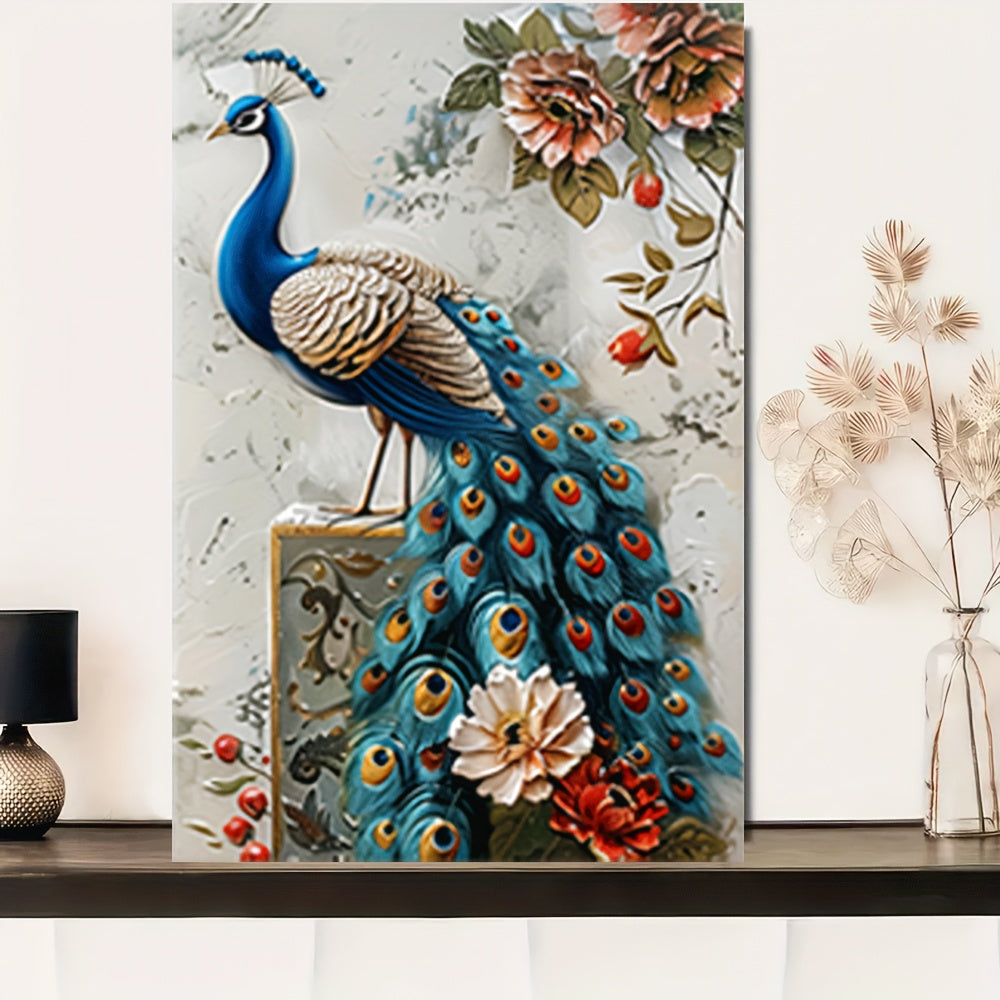 3 Piece Canvas Wall Art Set - Peacock with Floral Vase Print - Unframed High-Quality Canvas Painting - Frameless Wall Decoration for Living Room, Bedroom, Office, Cafe - Peacock Theme Wall Decor 24x16 inches