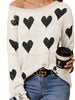 Women Off Shoulder Knitted Pullovers Sweater Loose Long Sleeve Hearts Printed Ripped Tops