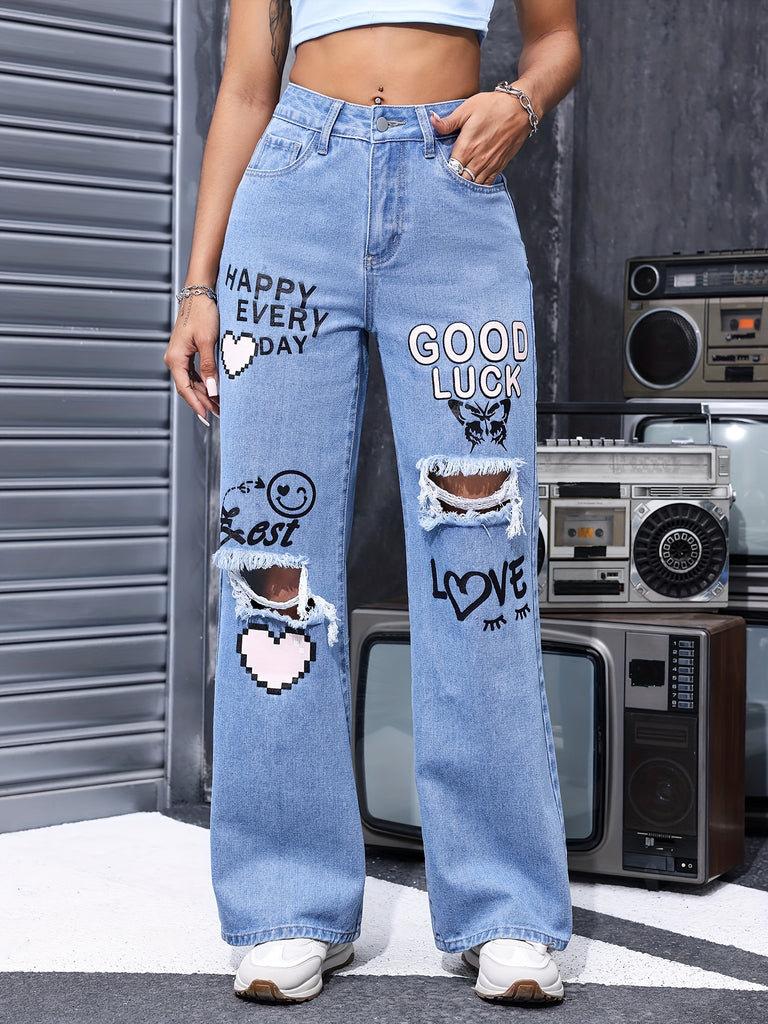 Women's High-Waisted Heart And Letter Print Ripped Distressed Jeans - Casual Style, Wide Leg Denim Pants - For Women - Suitable for Casual Outings, Parties & Everyday Wear - Perfect Gift for Fashionable Women