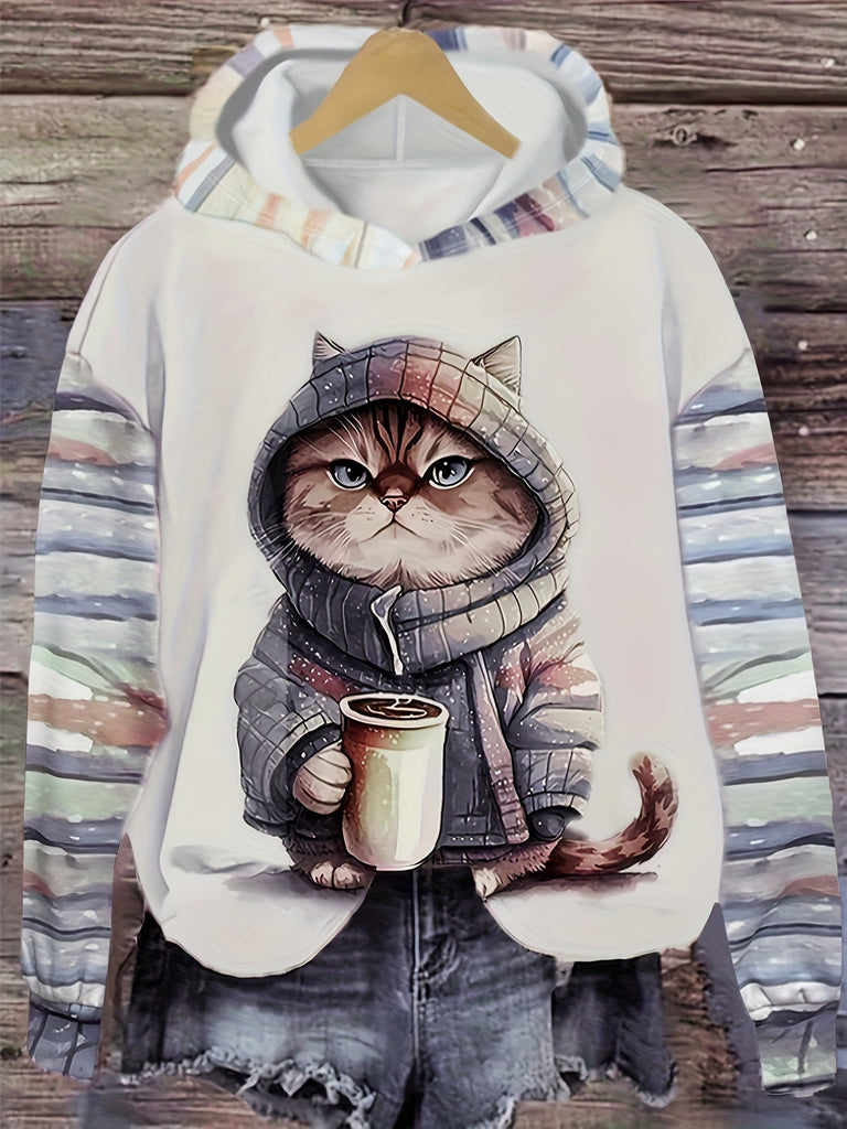 Cartoon Cat Print Knitted Hoodie, Casual Long Sleeve Hooded Sweatshirt For Spring & Summer, Women's Clothing