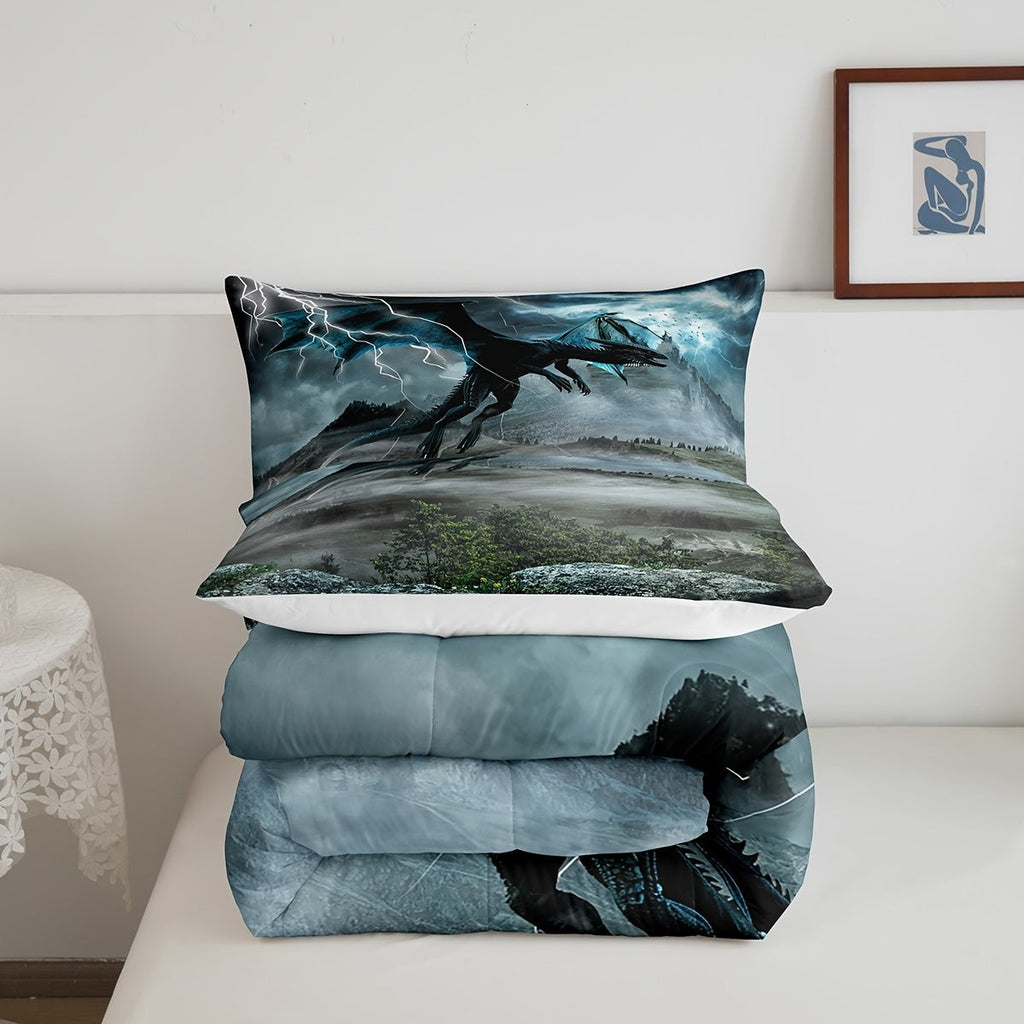 Dragon Comforter Set 3D Animal Theme Quilt Set White Lightning Print Bedding Comforters 2/3pcs for MenTeens Room Decor, Ancient Wildlife Comforter with 1/2 Pillowcases Perfect for Cozy Holiday Home Decor Birthday/Christmas Present