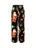 Santa Claus Print Wide Leg Pants, Casual High Waist Dual Pockets Pants For Spring & Summer, Women's Clothing