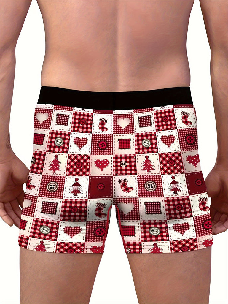 Men's Christmas Themed Reindeer Print Boxer Briefs - Comfortable Polyester Knit Fabric, Medium Stretch, Festive Holiday Underwear