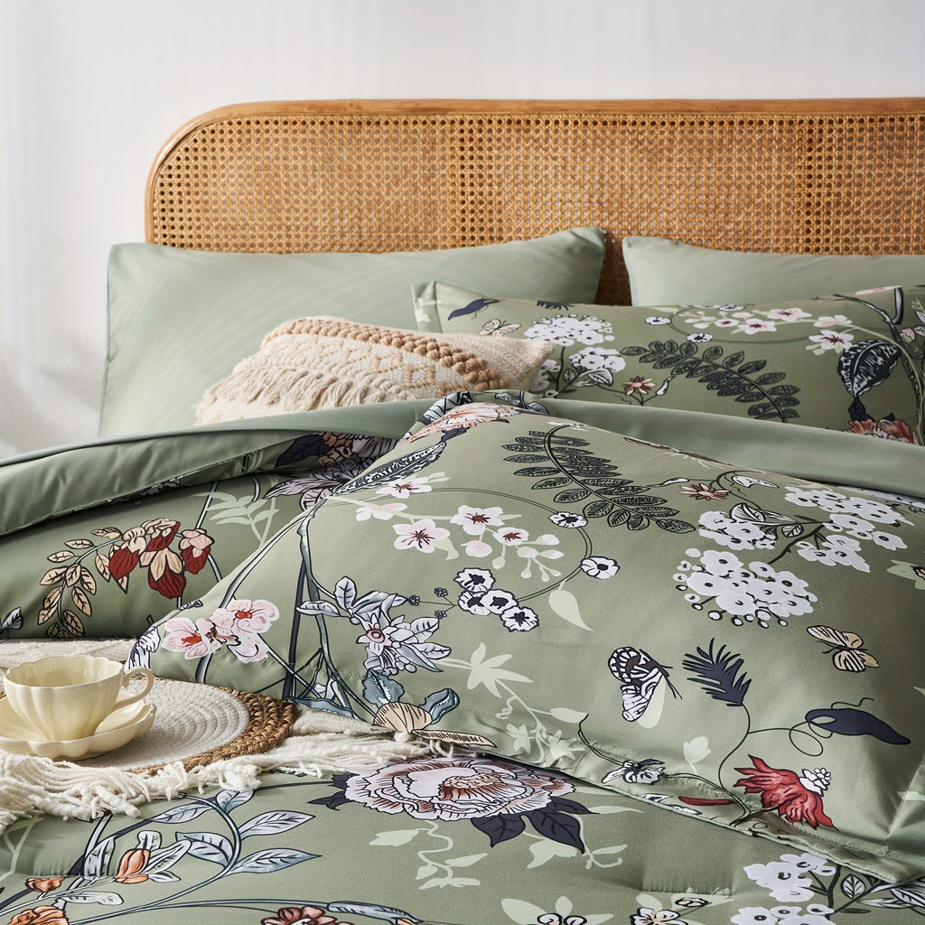 7 Pcs Green Butterfly Floral Comforter Set With Flowers Leaves Pattern- Stain Resistant, Ultra Soft Microfiber, Lightweight, Woven Bedding With 100% Polyester Fiber Fill - Queen/King Size Bed In A Bag For All Seasons