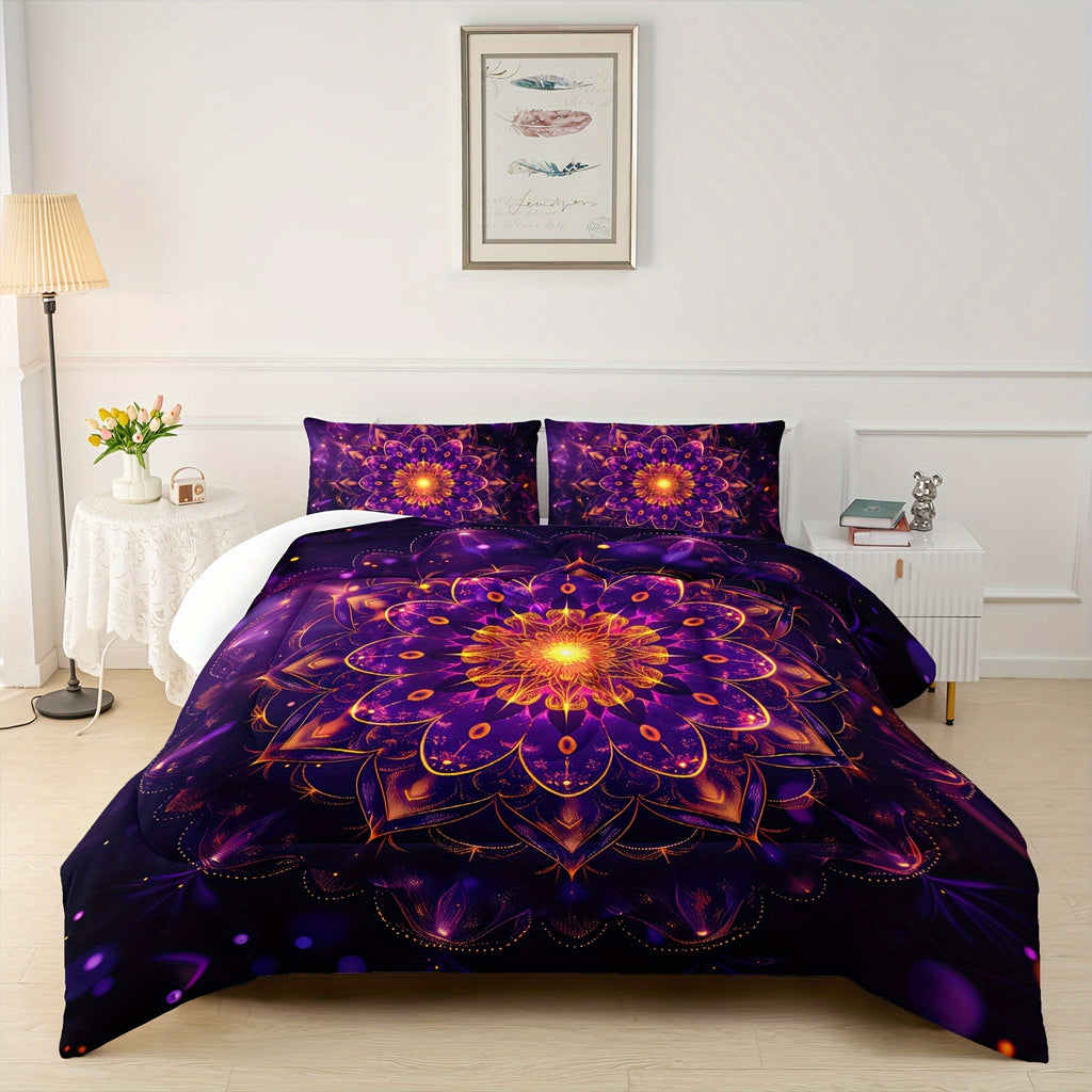 3-pcs Bohemian Purple Wreath Style Duvet Set, Artistic Tie Dye Printed Bedding Design, Creatively Designed Adult Duvet Set (1*Comforter + 2*Pillowcase, Without Core)