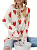 Hearts Print Crew Neck Pullover Sweater, Sexy Baggy Long Sleeve Ribbed Knitted Sweater For Fall & Spring, Women's Clothing