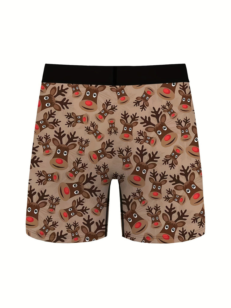 2pcs Men's Fashion Boxer Briefs with Christmas Elk Print - Comfortable, Quick-Dry & Breathable High Stretch Underwear for Casual Attire