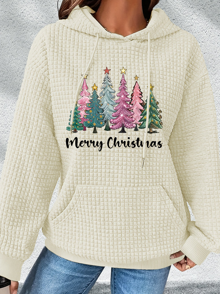 Christmas Tree Print Long Sleeve Waffle Knit Hoodie - Casual Polyester Blend Hooded Sweatshirt with Spandex for Fall/Winter - Festive Holiday Pattern Hoodie for Women