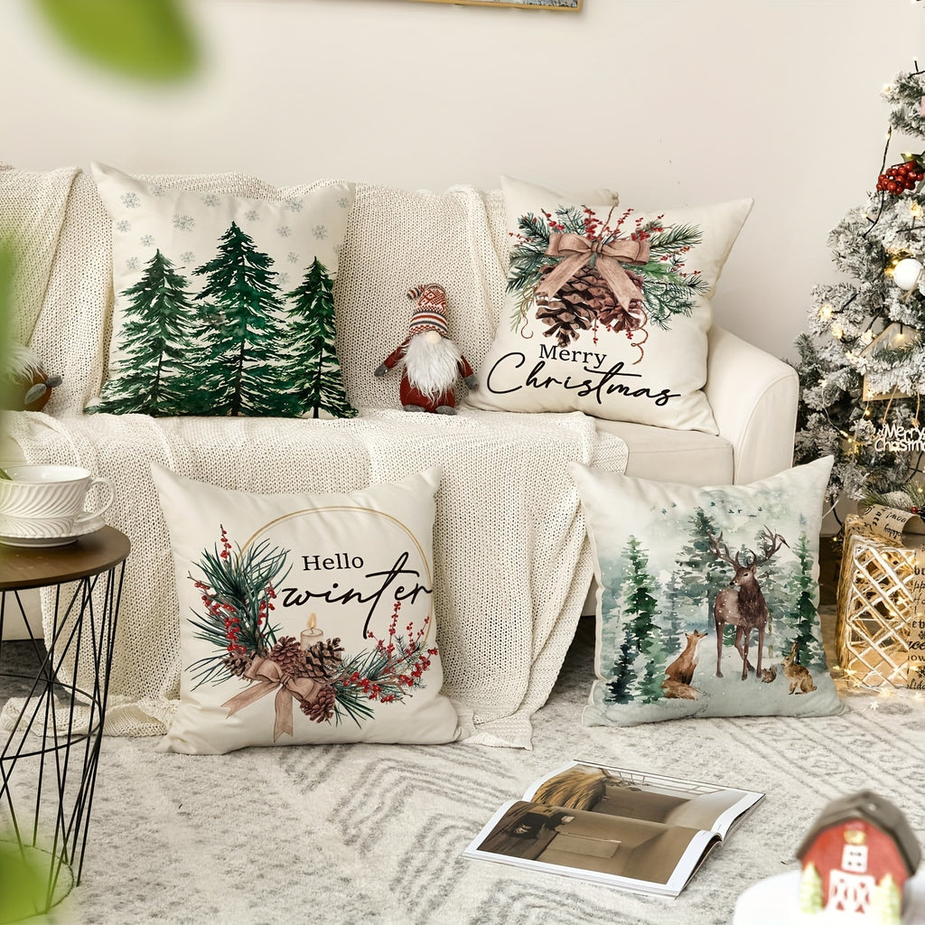 Christmas pillow covers - Festive Christmas Trees & Snowflakes Throw Pillow Covers - 4-Pack - Deck Your Halls in Cozy Cheer