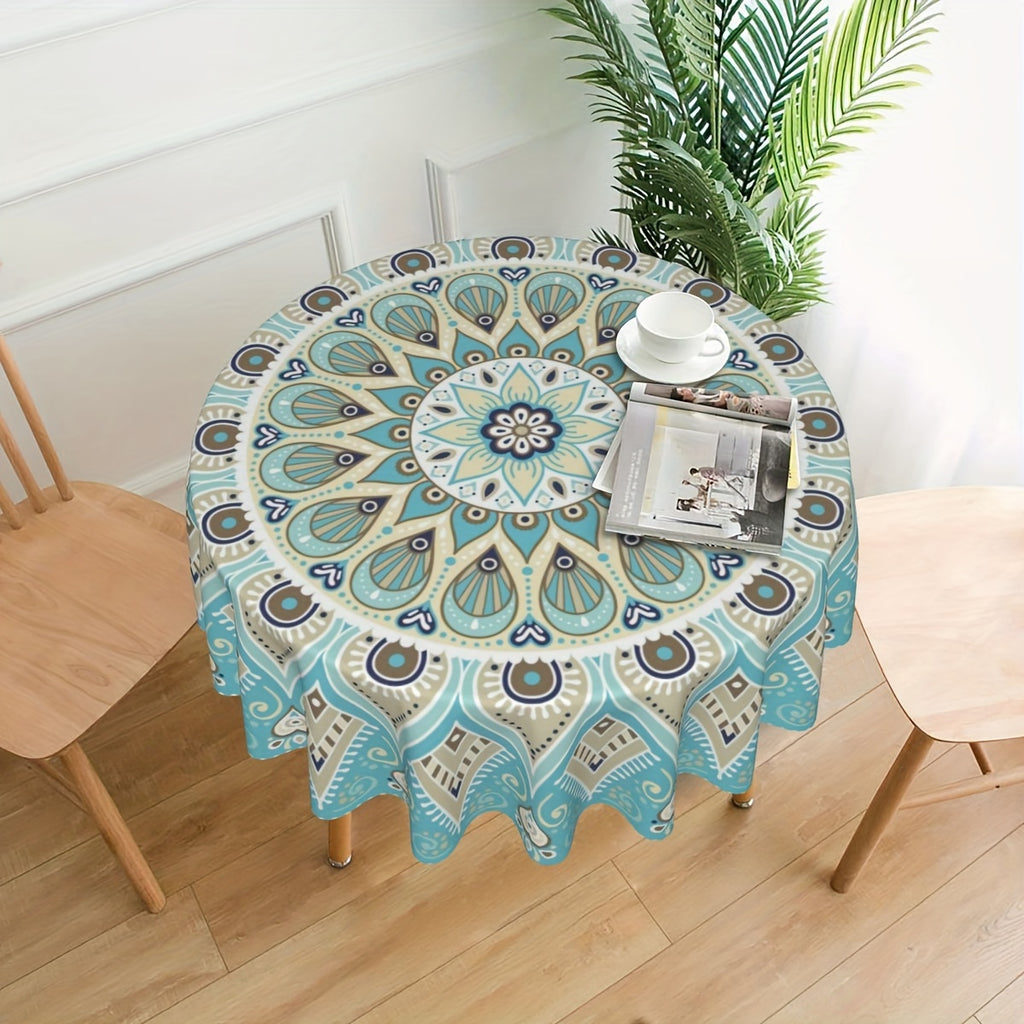 Mandala Style Polyester Round Tablecloth - Handmade Woven 59.84inch Decorative Table Cover