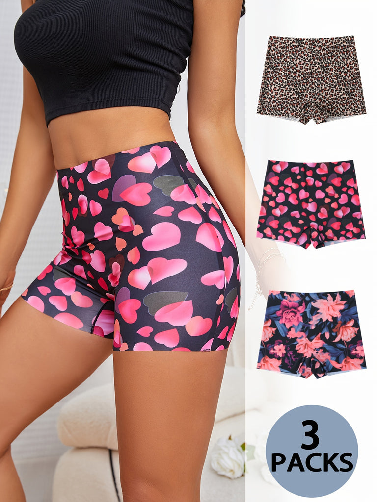 3pcs Heart & Floral & Leopard Print Boyshort Panty, Comfy & Breathable Seamless Intimates Boxer Shorts, Women's Lingerie & Underwear