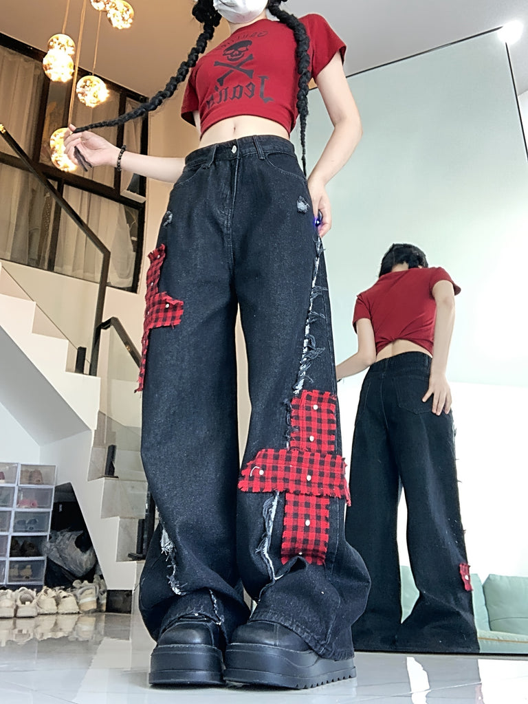 Plaid Print Cross Patchwork Streetwear Chic Loose Fit Wide Leg Jeans, Women's Denim Jeans & Clothing