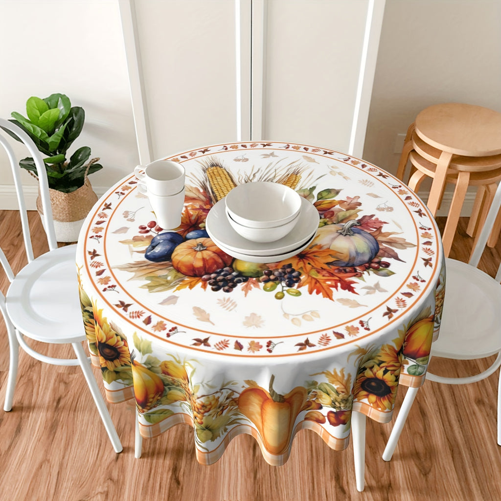 Thanksgiving Harvest Pumpkin and Sunflower Polyester Round Tablecloth - Machine Woven, Durable Polyester100% for Holiday Dining, Kitchen, Picnic, and Farmhouse Decor - Fits 4-6 Seats