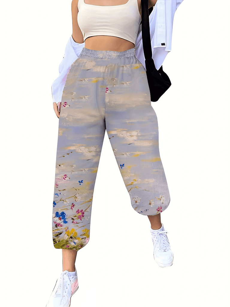 Casual Elastic Waist Floral Print Jogger Pants, Women's Pocket Pants