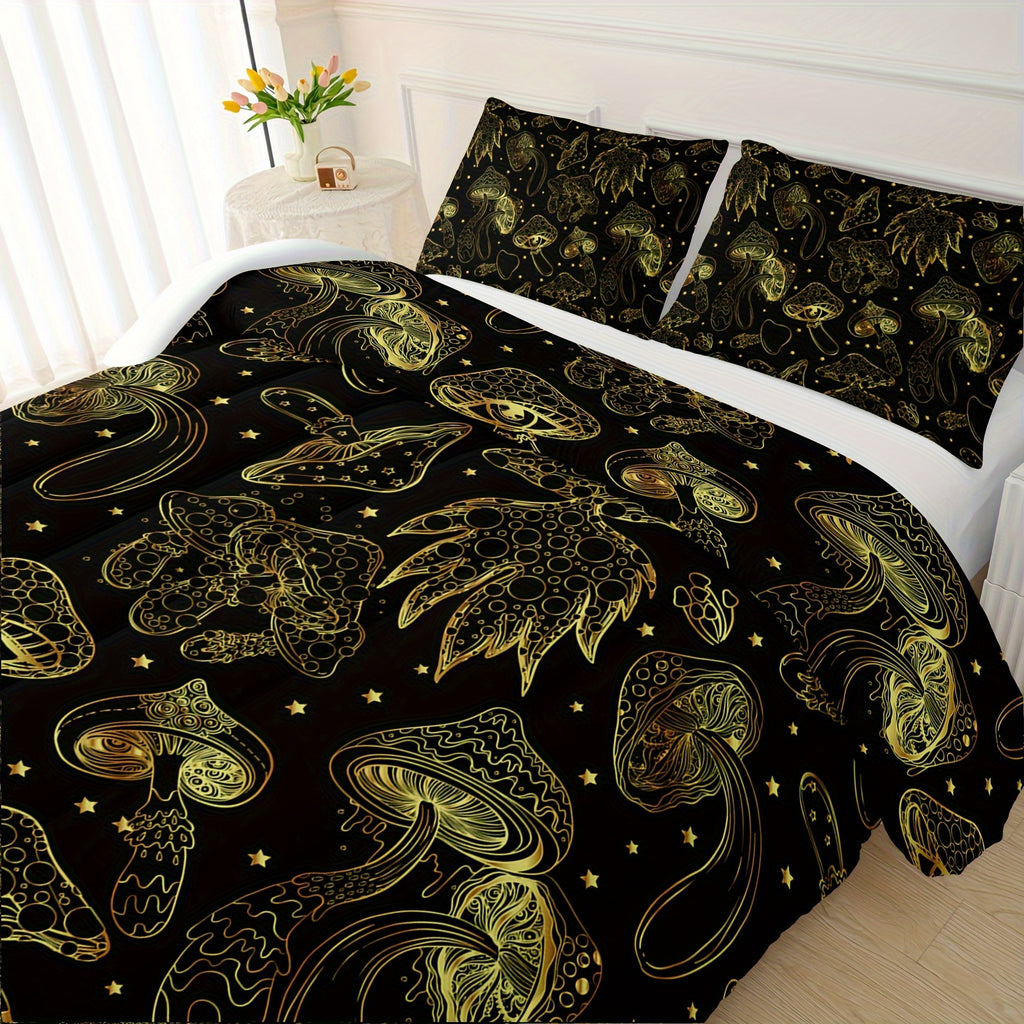 Black Golden Mushroom Comforter Set, Natural Wild Fungus Bedding Sets Botanical Plants Duvet Set 3 Kawaii Bedding Set Mushroom Decor