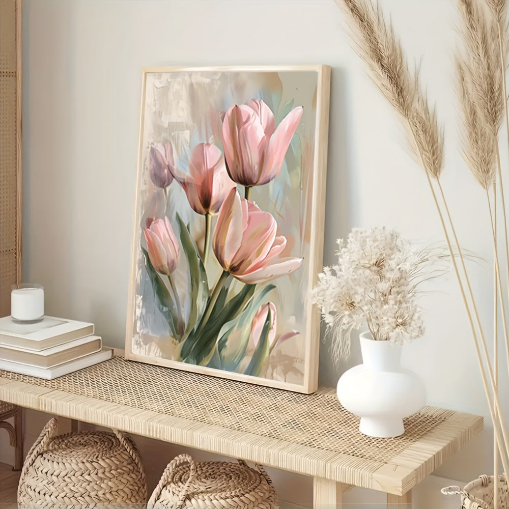 Tulip Canvas Wall Art Print Set of 3 – Frameless Elegant Floral Paintings for Living Room, Bedroom, Hallway – Modern Light Luxury Style Decor – Unframed Triptych Artwork – 16x24 Inches Each