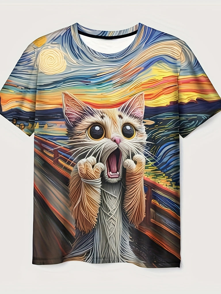 Men's Painting Style Screaming Cat Pattern Crew Neck Short Sleeve T-shirt, Casual And Stylish Tops For Summer Daily Leisurewear