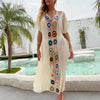 Hook Flower Stitching Irregular Slit Sun Protection Beach V-neck Dress