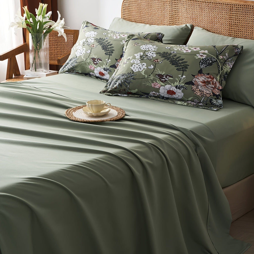 7 Pcs Green Butterfly Floral Comforter Set With Flowers Leaves Pattern- Stain Resistant, Ultra Soft Microfiber, Lightweight, Woven Bedding With 100% Polyester Fiber Fill - Queen/King Size Bed In A Bag For All Seasons